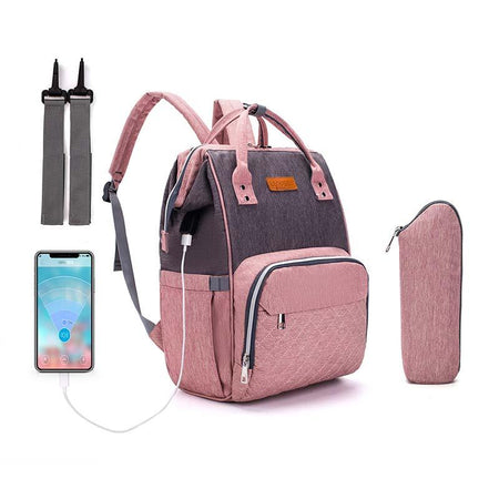 Sac maternité rose pour parent avec prise pour charger son smartphone